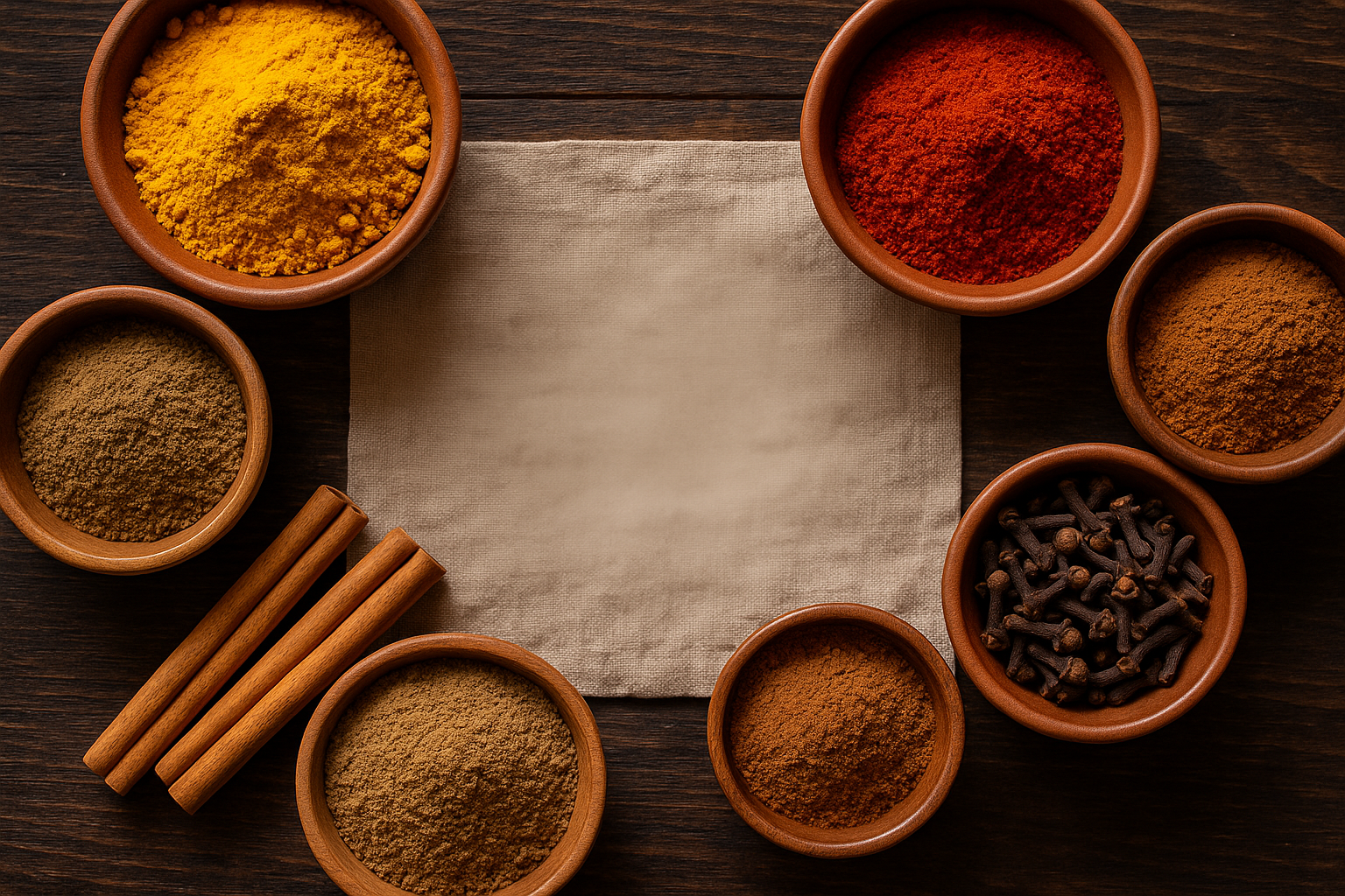 Scène vue de dessus d’un assortiment d’épices colorées (curcuma, paprika, cumin, cannelle, clous de girofle…) présentées dans des bols en terre cuite ou en bois, disposés de façon harmonieuse sur une table rustique en bois sombre. De l’espace vide au centre de l’image (zone floue ou en tissu neutre comme du lin beige) pour ajouter un texte. Ambiance chaleureuse, lumière naturelle douce, style marocain ou oriental chic, esthétique professionnelle pour un site e-commerce.